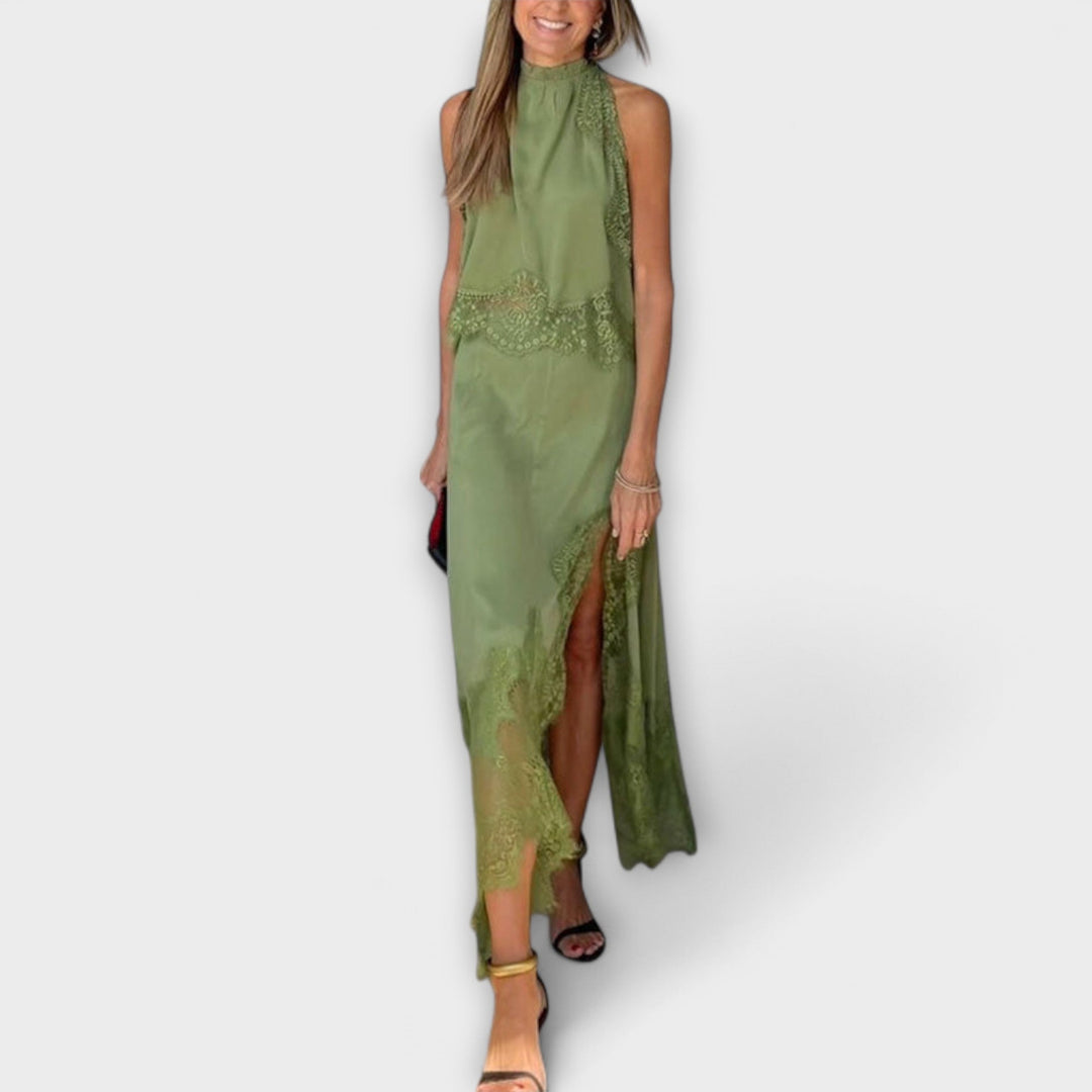 Kaia - Satin Blouse with Lace Trim and Pleated Neckline in Set