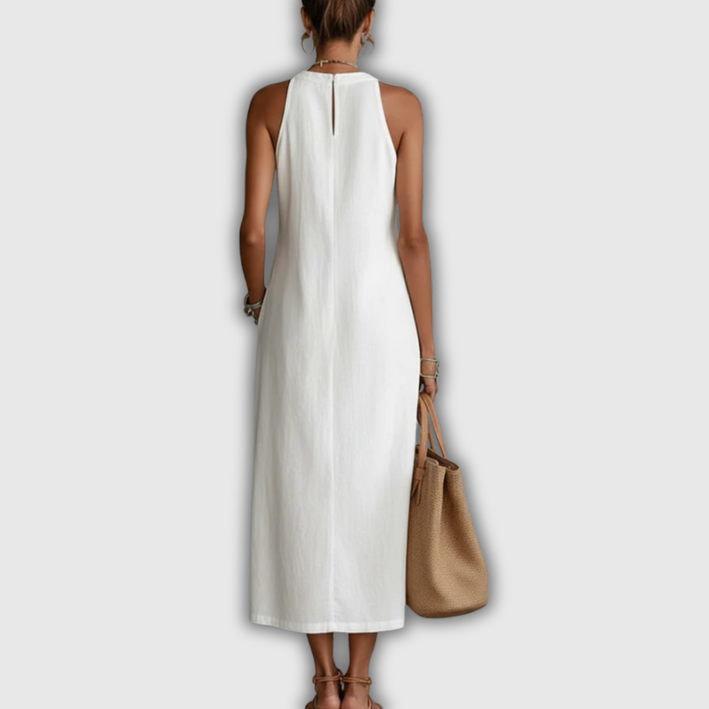 Jimena | Cotton Linen Midi Dress with Mandarin Collar