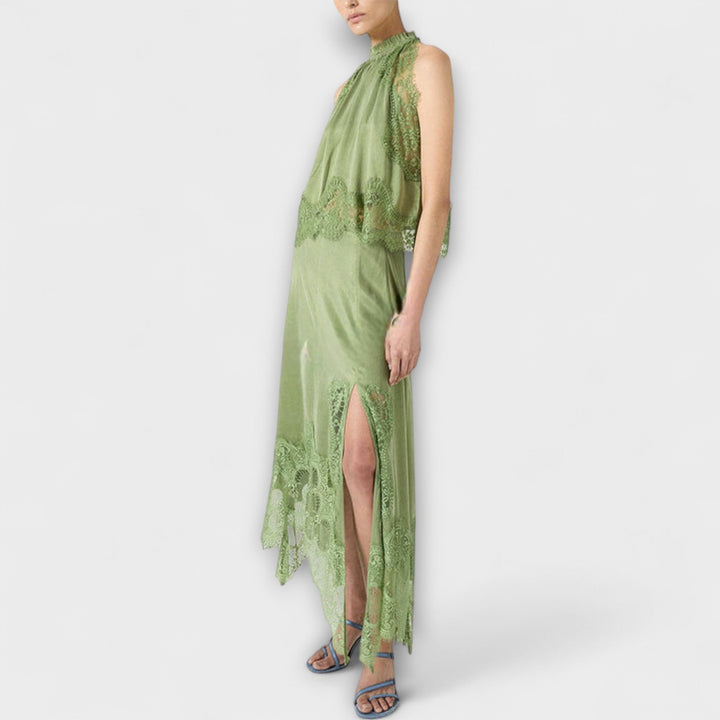 Kaia - Satin Blouse with Lace Trim and Pleated Neckline in Set