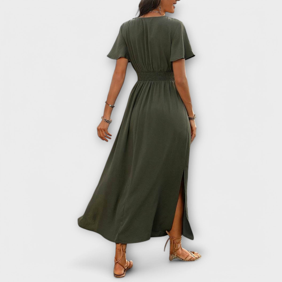 Heather - An elegant Boho dress with a V-neckline and long sleeves