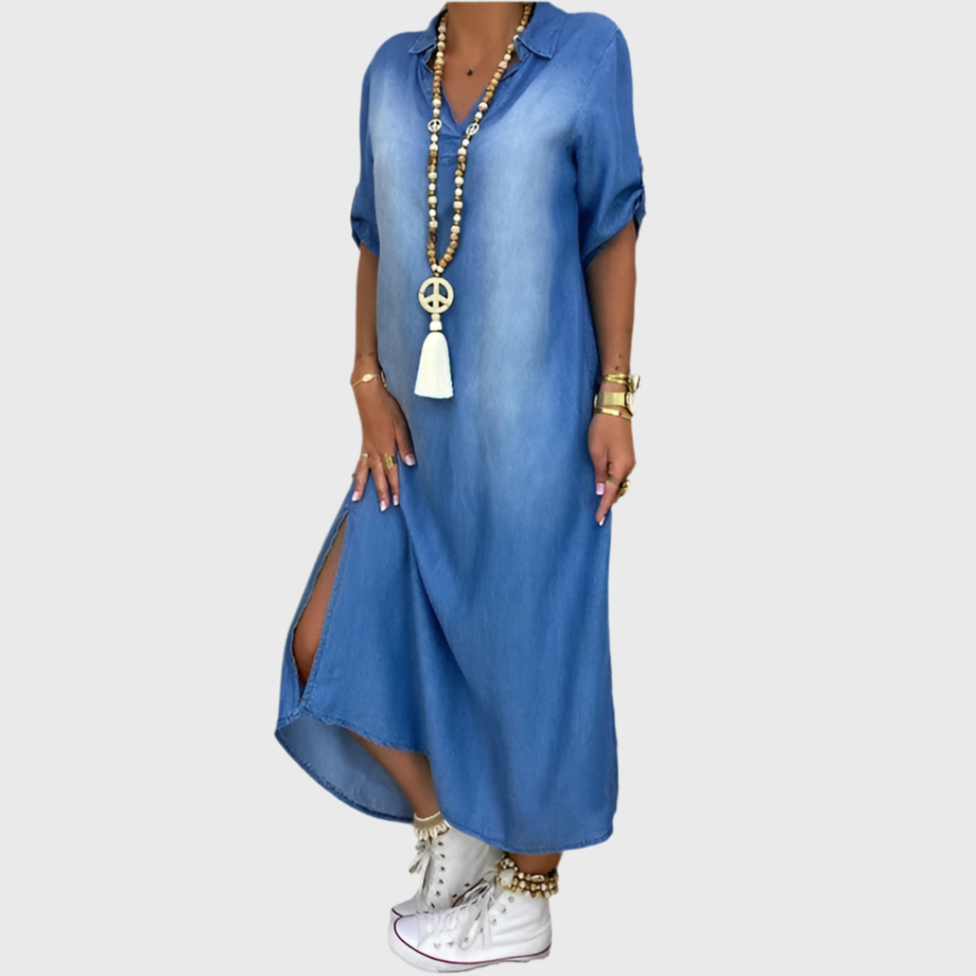 Lea - Long Denim Look Dress with Side Slit