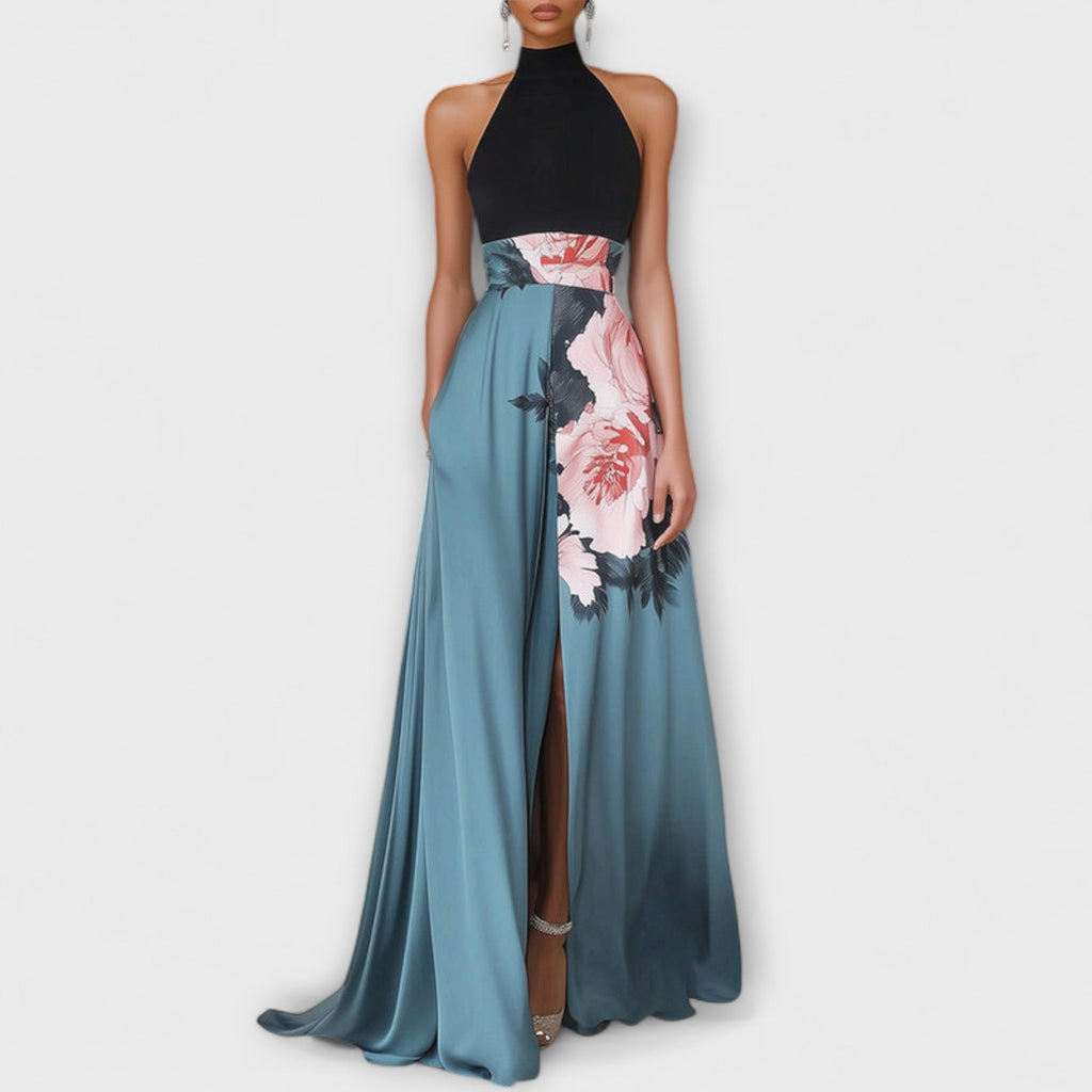 Natalie - Floral A-Line Maxi Dress with Sleeveless Round Neck