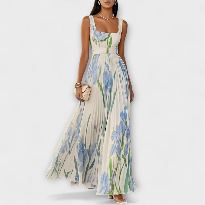 Rosalind | Pleated Floral Chiffon Maxi Dress with Waist Belt
